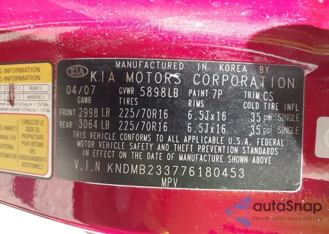 2007 Kia Sedona Lx z USA, uszkodzony, nr VIN KNDMB233776180453